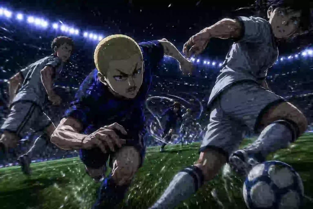 金髪坊主で小柄な前田が、相手DFに休む間を与えず前線から激しく追い回すサッカーイラスト