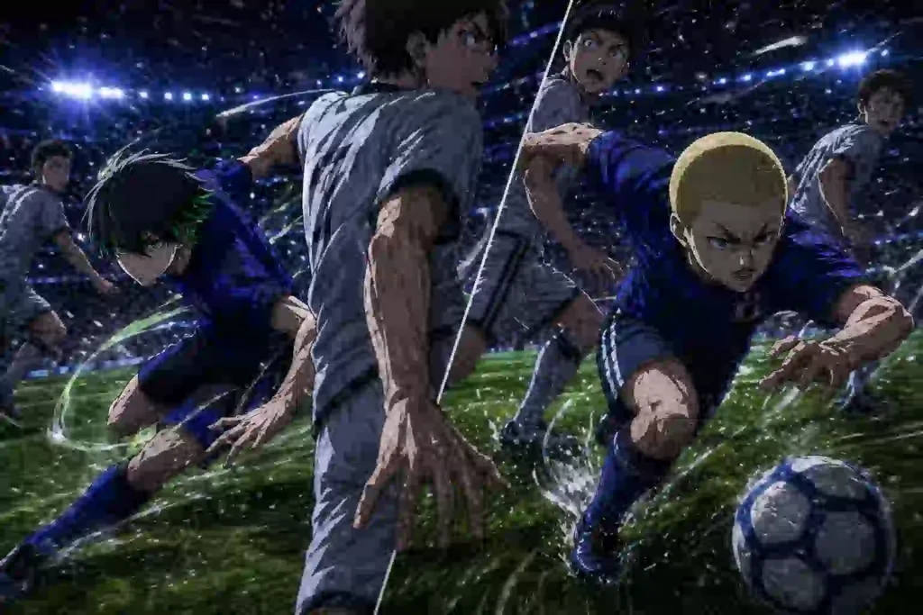 乙夜と前田がそれぞれ守備のゆるんだ一瞬を突いて入り込む動きを対比したサッカーイラスト