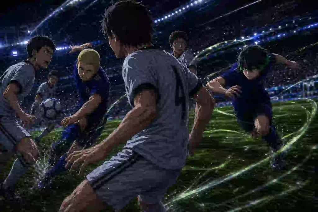 守備陣の視線が分散する中、乙夜と前田が別角度から入り込む様子を描いたサッカーイラスト