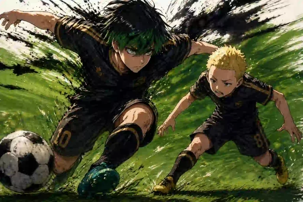 相手が抜けたと思った直後に、乙夜と前田を思わせる二人の選手が鋭く迫るサッカーイラスト