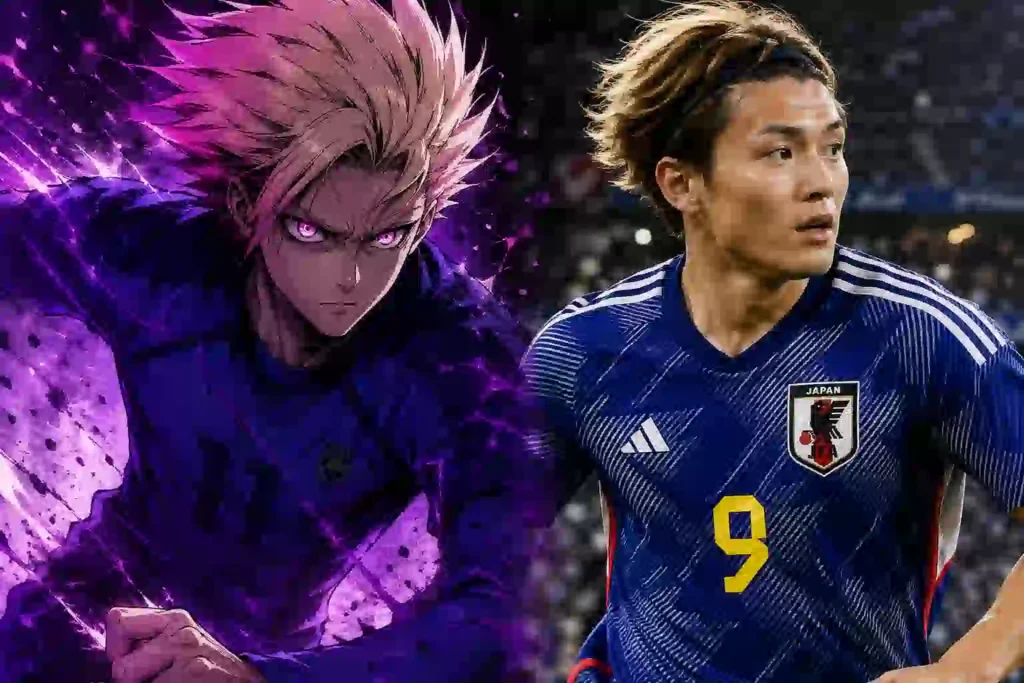 士道龍聖を思わせるアニメ調のストライカーと上田綺世を思わせる日本代表FWが対峙するアイキャッチ画像