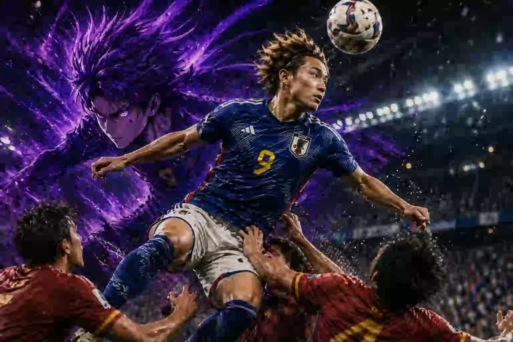 日本代表FWがゴール前で相手DFと競り合いヘディングを狙う迫力あるアイキャッチ画像