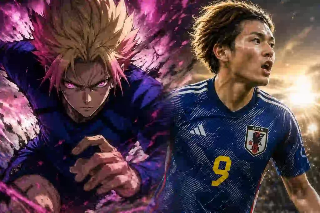 士道龍聖を思わせるアニメ調の選手と日本代表FWがゴールへの欲を感じさせる表情で並ぶアイキャッチ画像