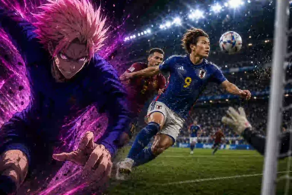 日本代表FWがゴール前で相手DFより先に身体を入れてシュートを狙うW杯風アイキャッチ画像