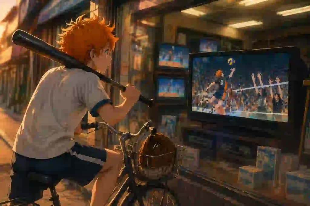 野球のバットを肩にかけ、グローブを自転車のかごに入れた少年が、店先のテレビに映るバレー中継を見つめている様子