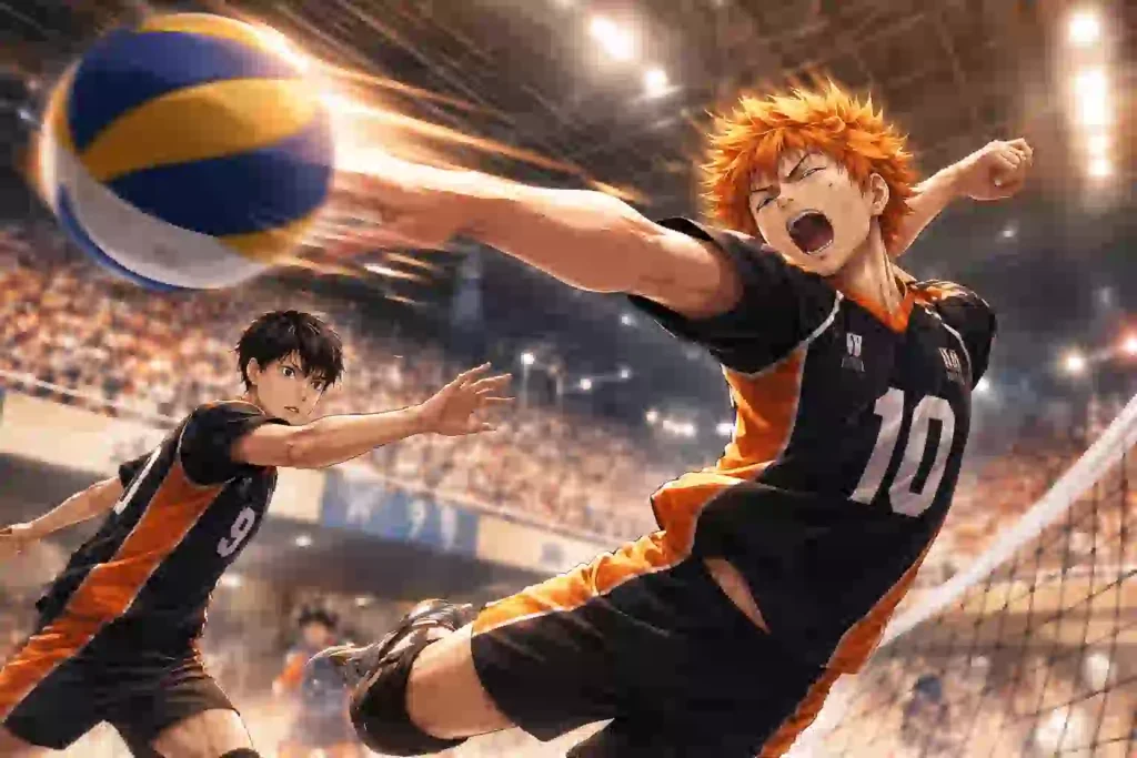 影山のトスに合わせて日向が跳び、変人速攻を決めようとしているバレーの試合シーン