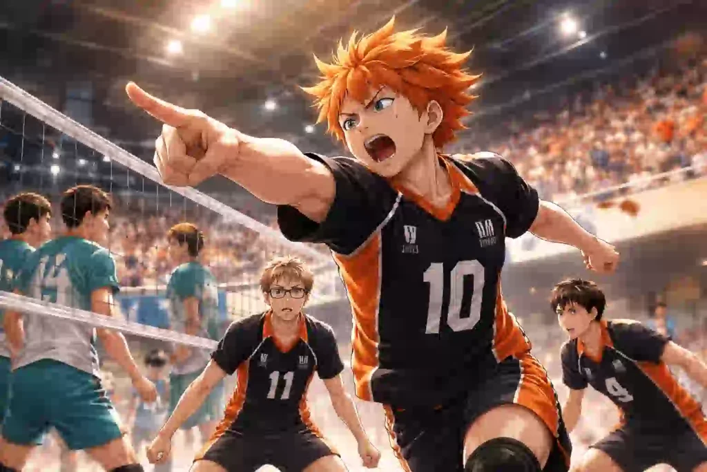 日向が相手ブロックを引きつけ、味方の攻撃を生かす最強の囮として機能している試合シーン