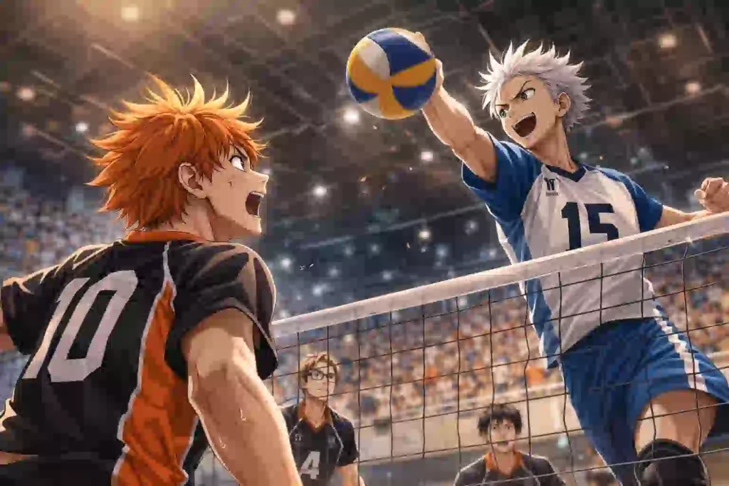 鴎台戦で日向と星海がネット越しに向き合い、それぞれの戦い方でぶつかっている場面