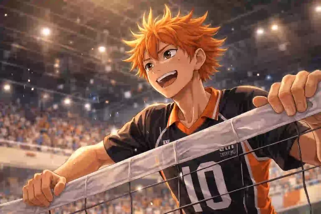 試合後の達成感をにじませながらネット際に立つ日向翔陽の姿