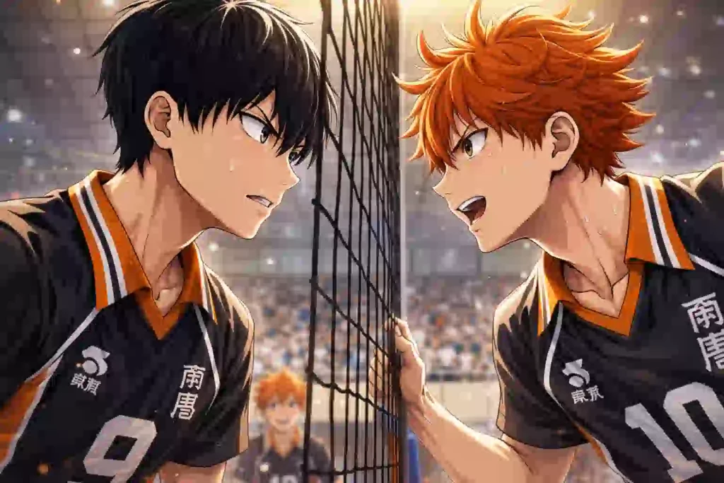 向かい合う日向と影山が張りつめた空気の中で対峙する場面