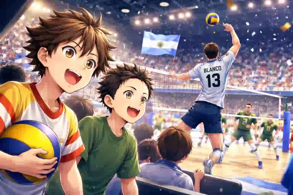 幼い及川と岩泉が観客席からアルゼンチン戦を見つめ、コート上のホセ・ブランコに目を奪われている場面