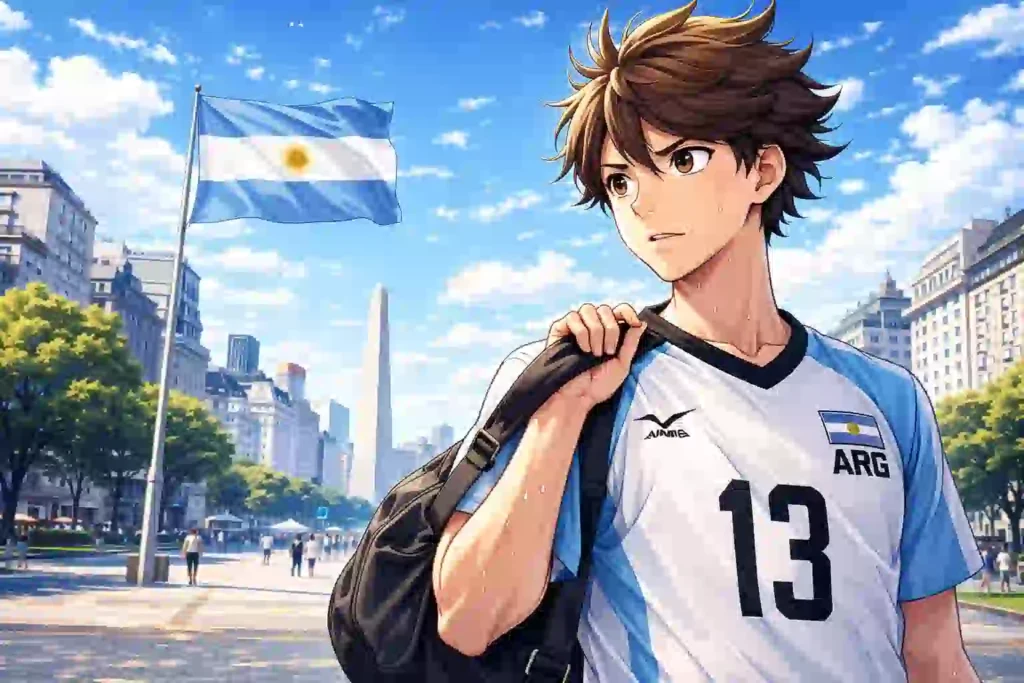 アルゼンチンの街並みを背に、スポーツバッグを肩にかけた及川が前を見据えて立つ姿