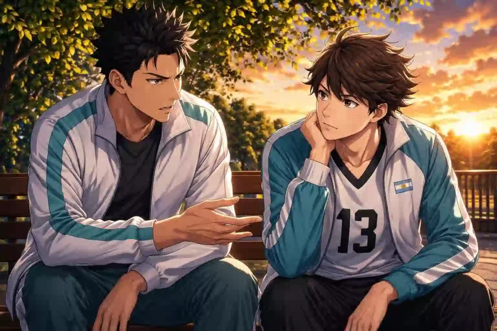 夕暮れのベンチで向かい合い、真剣な表情で言葉を交わす岩泉と及川