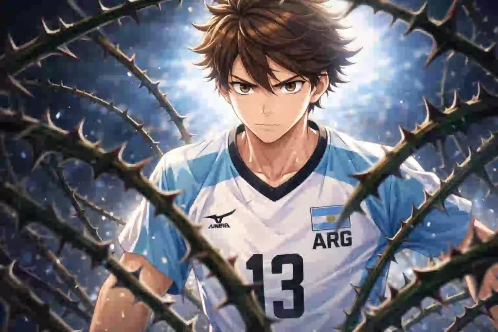 棘に囲まれた中でまっすぐ前を見据える及川の姿を描いたイメージ