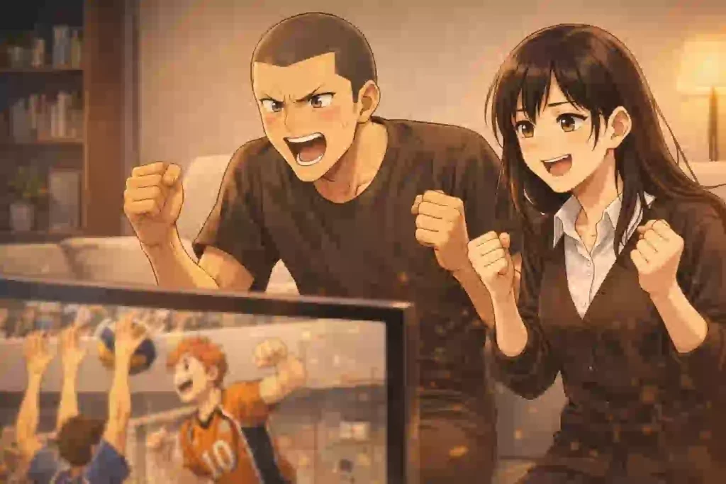 部屋のリビングのソファーに並んで座り、日向のバレーボールを一緒に応援する田中龍之介と潔子さん