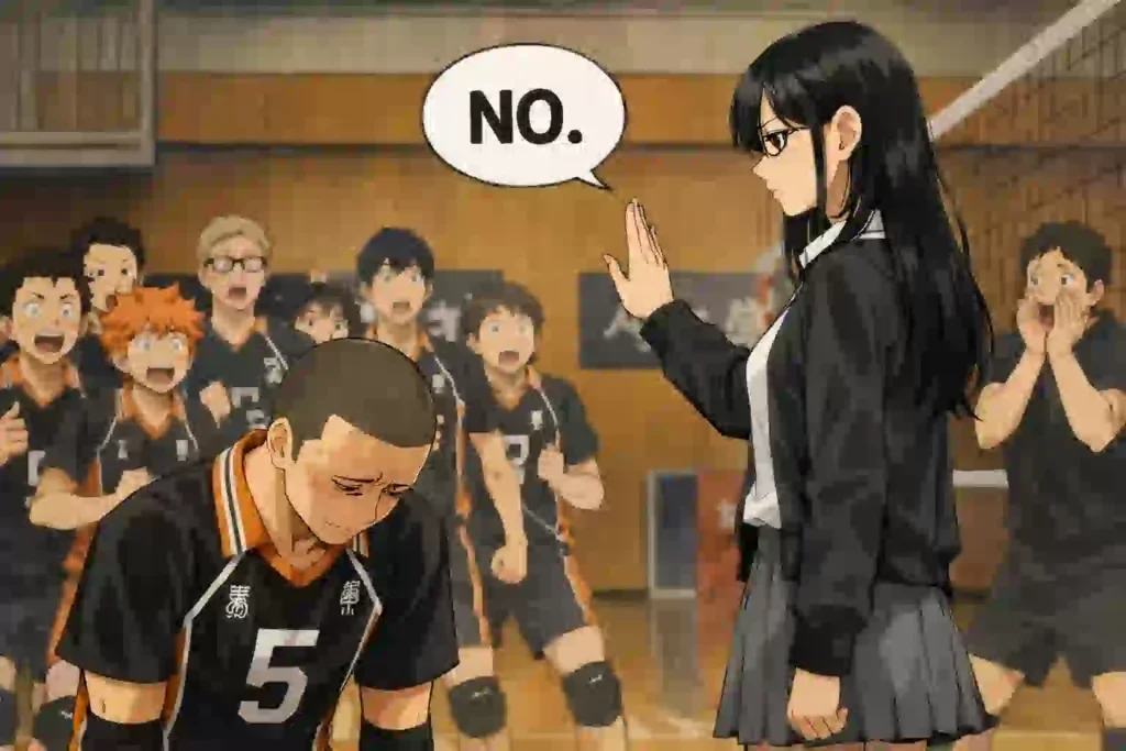 みんなの前で潔子さんに『NO』と断られ、落ち込む田中龍之介の場面