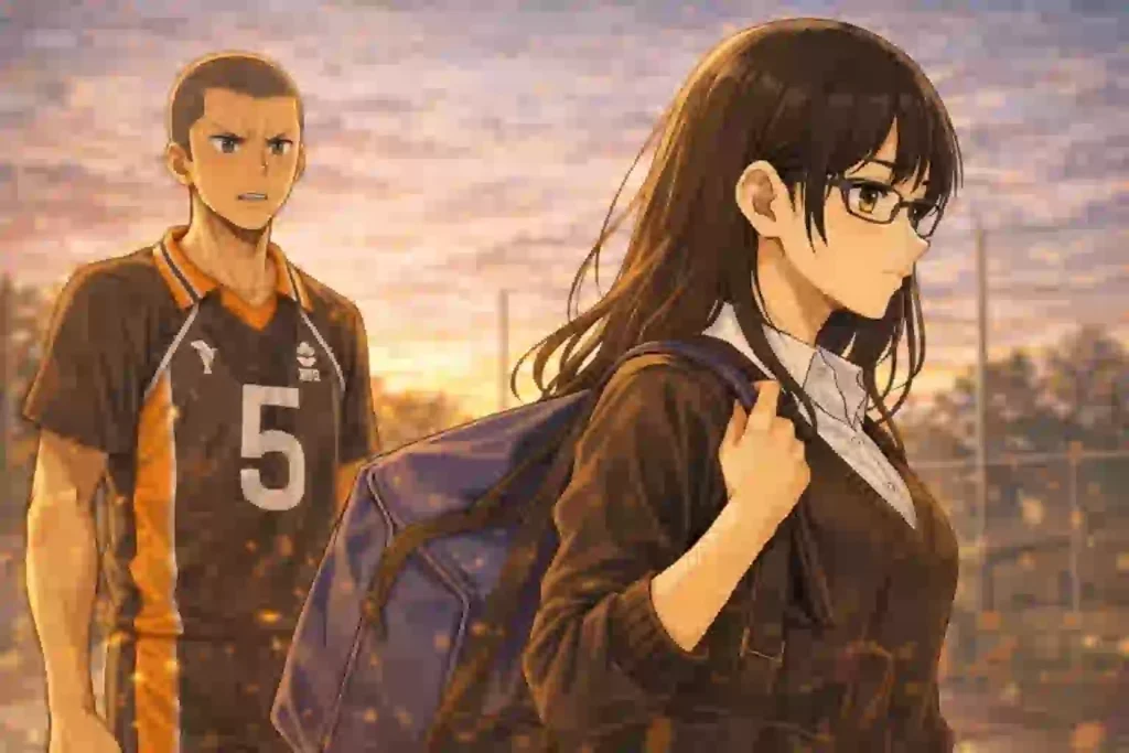 夕焼けの帰り道で、荷物を自分で持って前を歩く眼鏡姿の潔子さんと、その後ろを見つめる田中龍之介