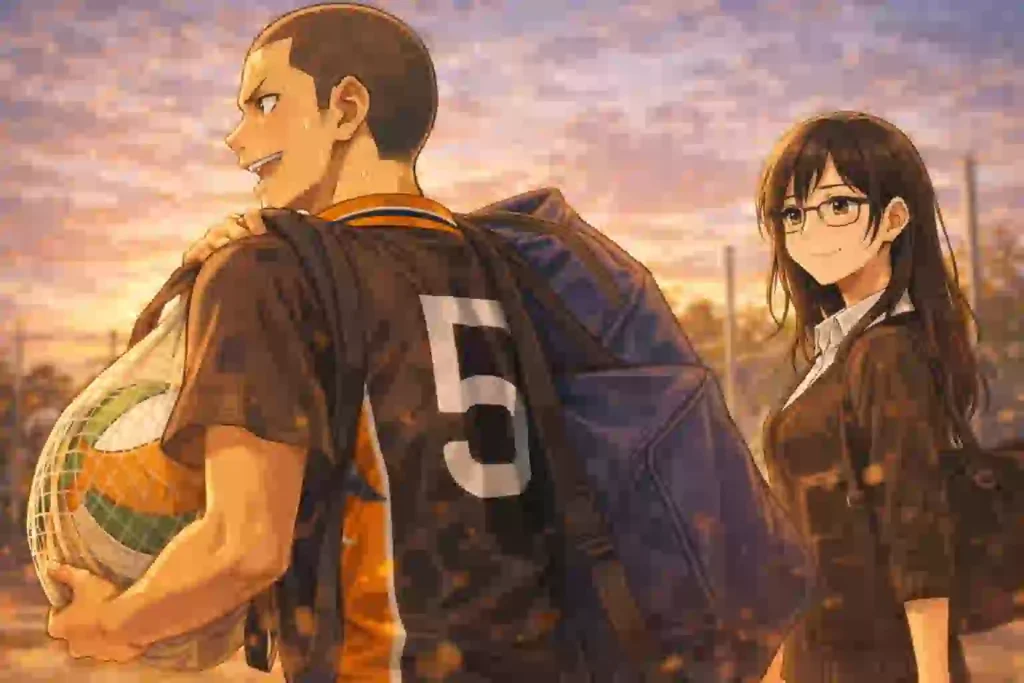 荷物を持った田中の後ろを、潔子さんがやわらかい表情でついていく場面