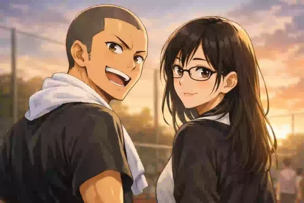 夕焼けの中で並んで振り返る田中龍之介と潔子さん