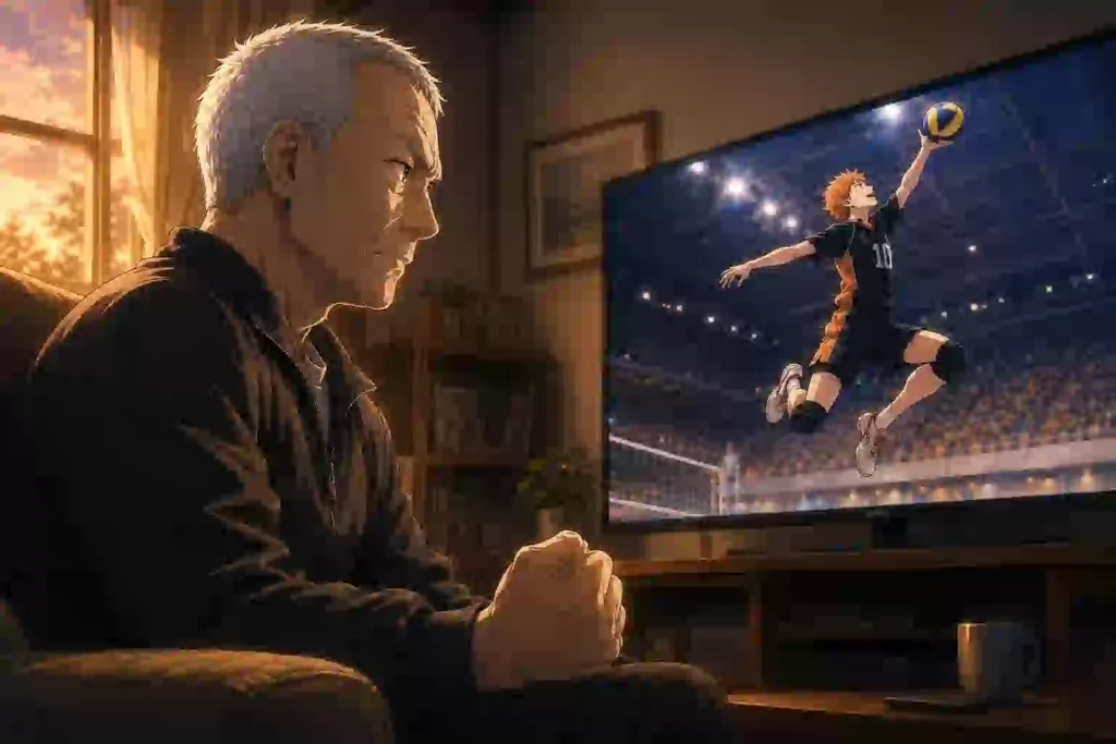 テレビで日向の試合を見ながら拳を握る鷲匠監督のイメージ