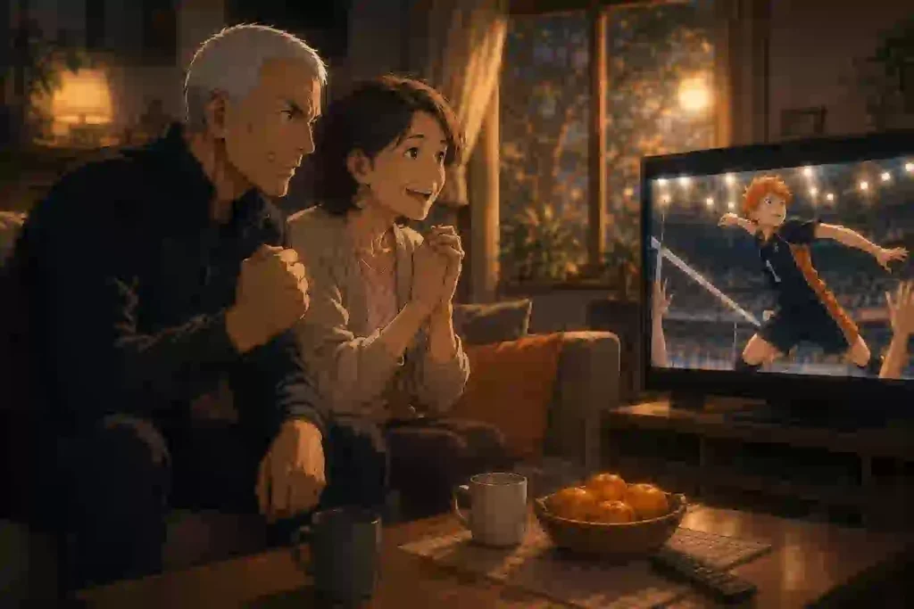 奥さんとソファに座りテレビで日向を応援する鷲匠監督のイメージ