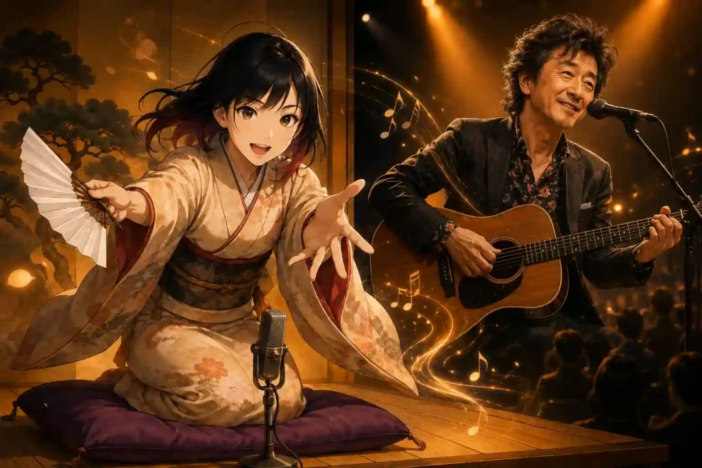 落語の高座で手を伸ばす朱音と、音楽ステージで歌う男性歌手が向かい合うイメージ