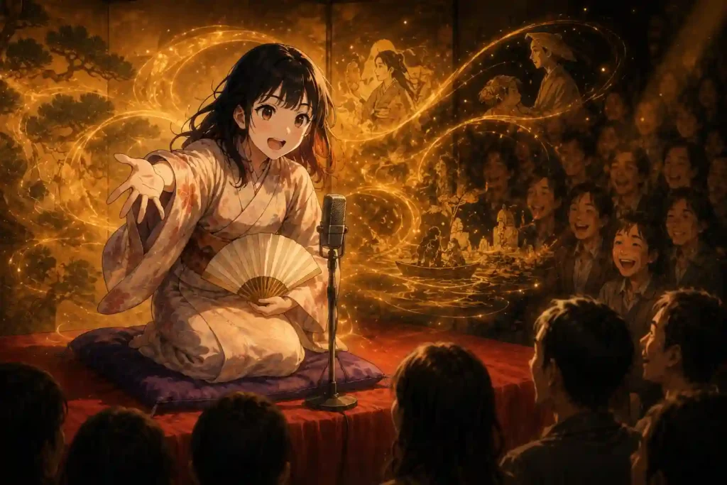 朱音の落語から物語の風景が広がり、客席の心を引き込んでいくイメージ