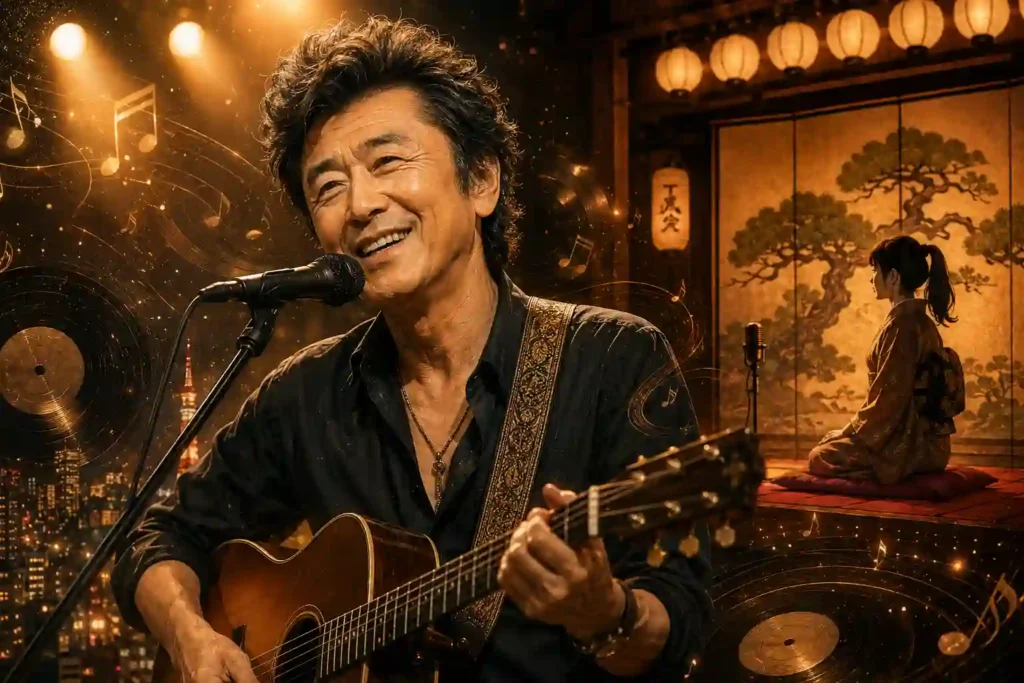 昭和の匂いを残す音楽ステージと落語の高座が重なり、古い芸が今に届くイメージ