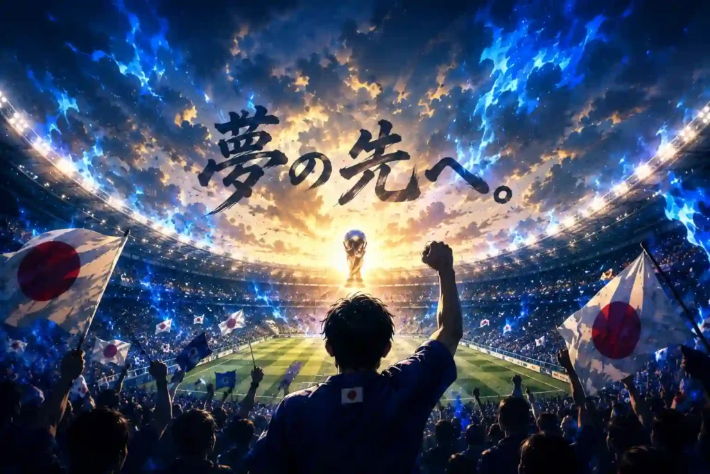 スタジアム中央に輝くトロフィーを見つめながら、日本代表のワールドカップ優勝を夢見るサポーターの後ろ姿