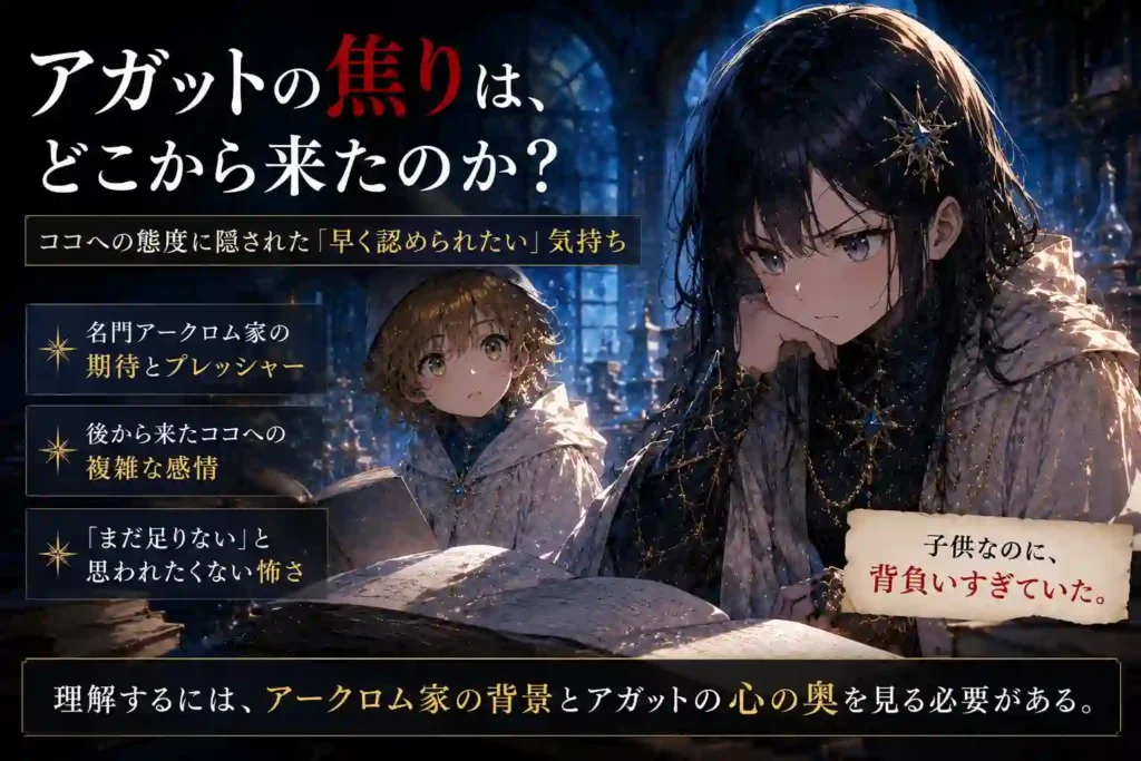 名門アークロム家に生まれたアガットが焦りを抱える場面のイメージ