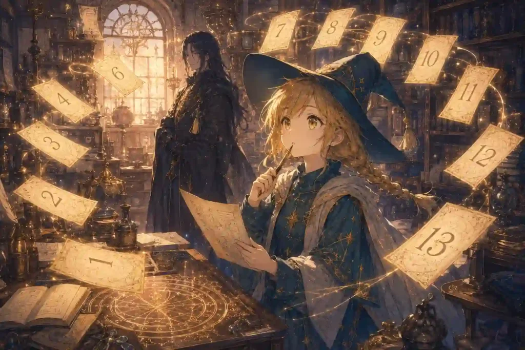 とんがり帽子のアトリエのアニメ1期が全13話構成であることを示す魔法の図書室風アイキャッチ画像