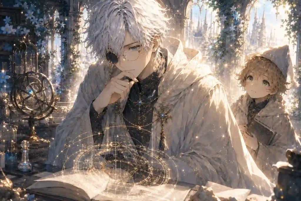 銀髪の魔法使いと弟子が魔法陣を前に考え込む、キーフリーの怒りが利用される可能性を表す画像