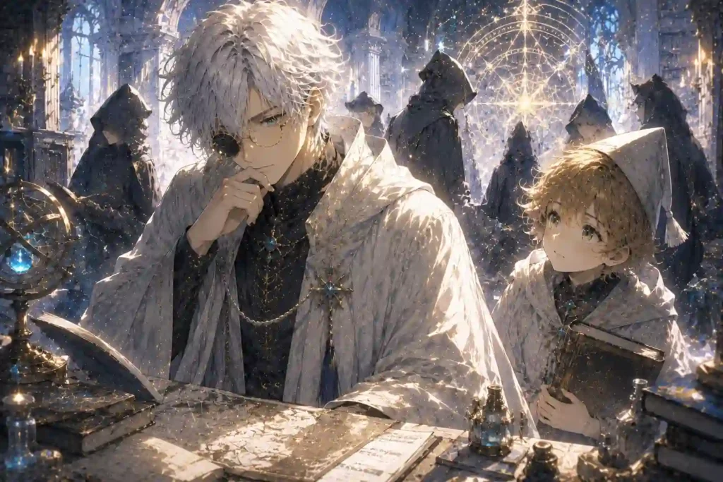 銀髪の魔法使いの背後に黒いフードの魔法使いたちが立つ、キーフリーとつばあり帽の関係を示す画像