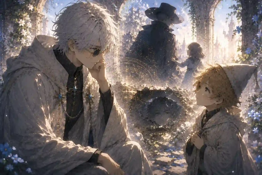 銀髪の魔法使いと幼い弟子の背後に影の魔法使いが立つ、ココとの出会いが仕組まれた可能性を表す画像