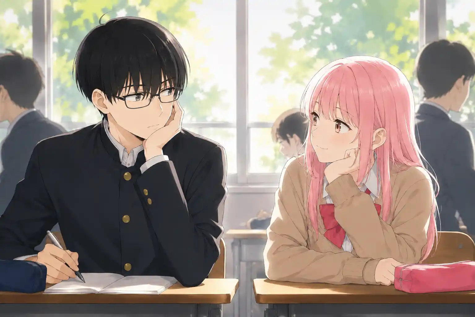 『正反対な君と僕』をイメージした、教室で見つめ合う対照的な高校生男女のイラスト