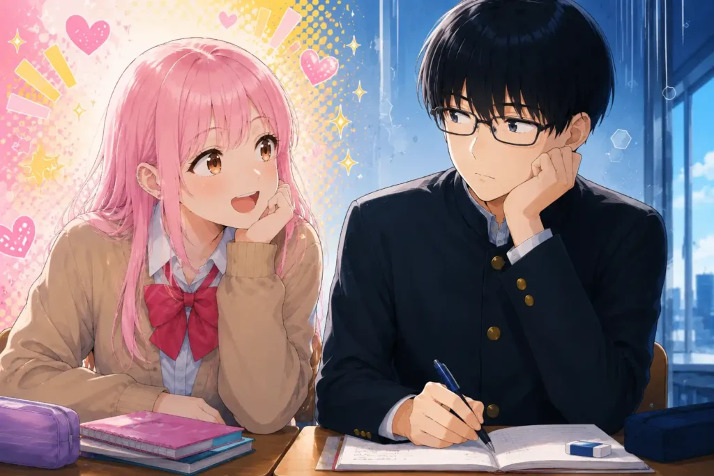 教室で向かい合う対照的な性格の高校生男女を描いた学園ラブコメ風イラスト