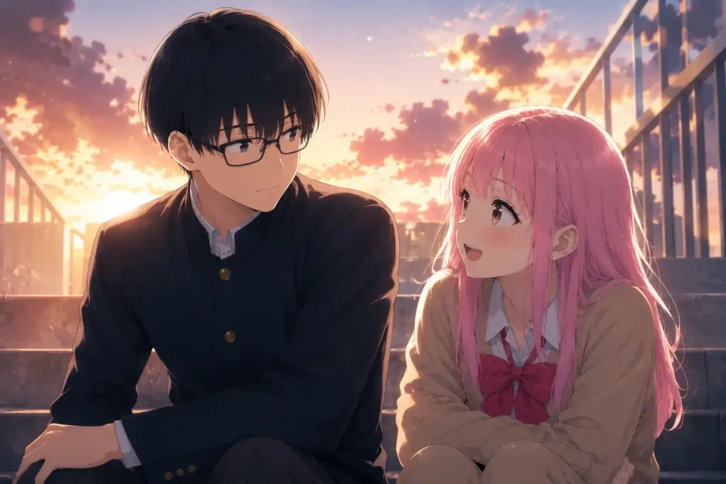 教室で言葉を交わす高校生男女を描いた、人間関係の対話をイメージしたアニメ風イラスト