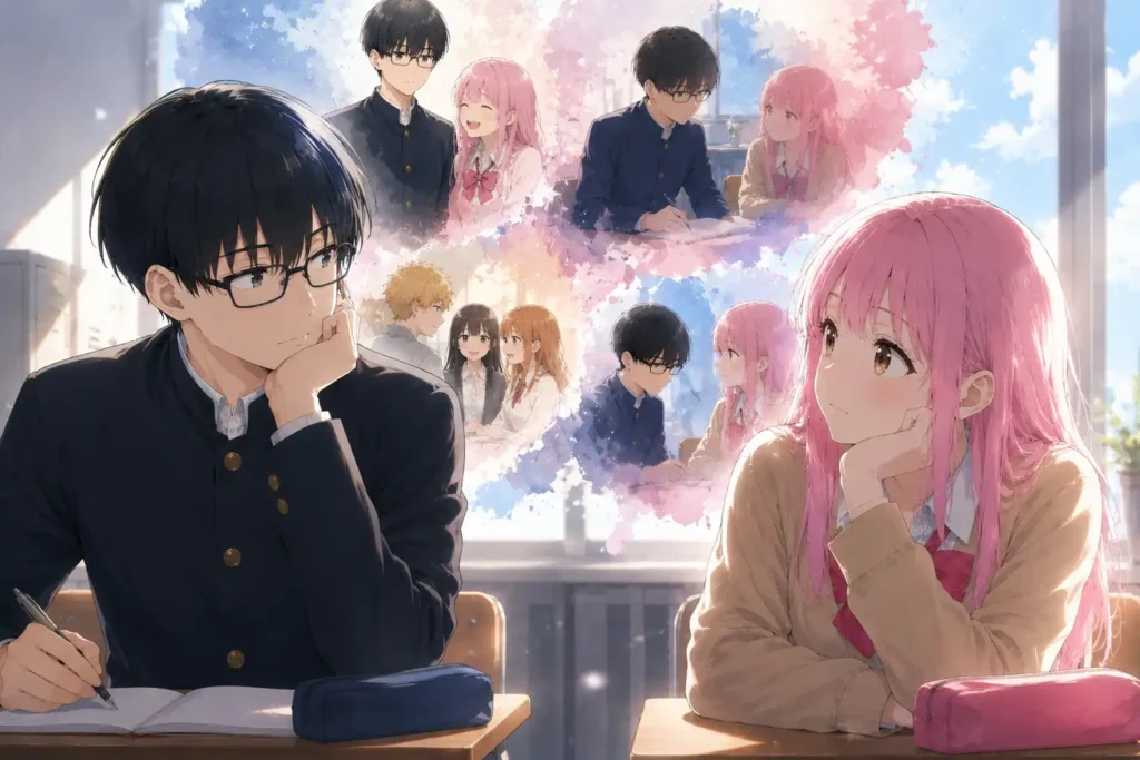夕暮れの階段で穏やかに会話する高校生カップルを描いたアニメ風イラスト