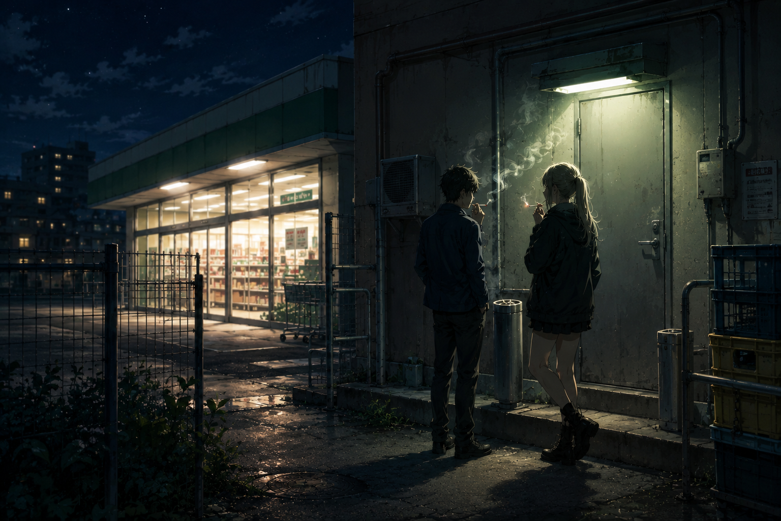 夜のスーパー裏口で二人がタバコを吸いながら話しているイメージ