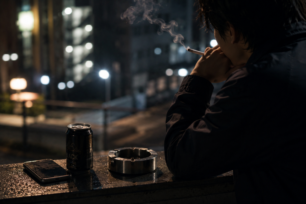 スマホと缶コーヒーを置いて夜景を眺めながらタバコを吸う人物